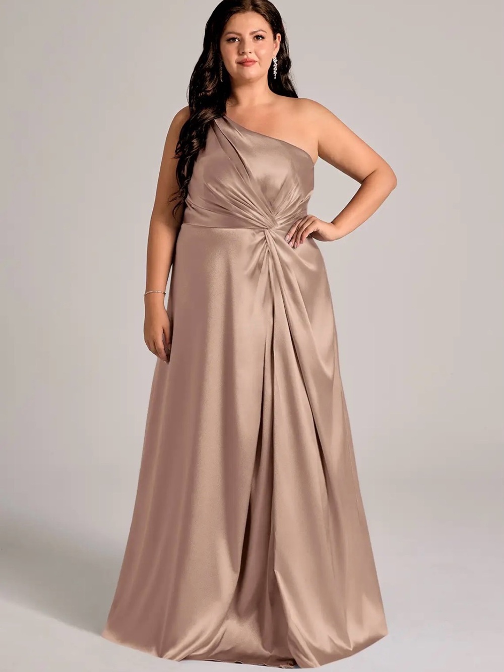 Azazie Brooke One-Shoulder A-line Satin Gown in Taupe 22A